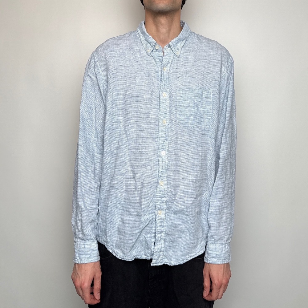 Abercrombie & Fitch Mens XXL Blue White Striped 100% Linen Button Down Shirt
